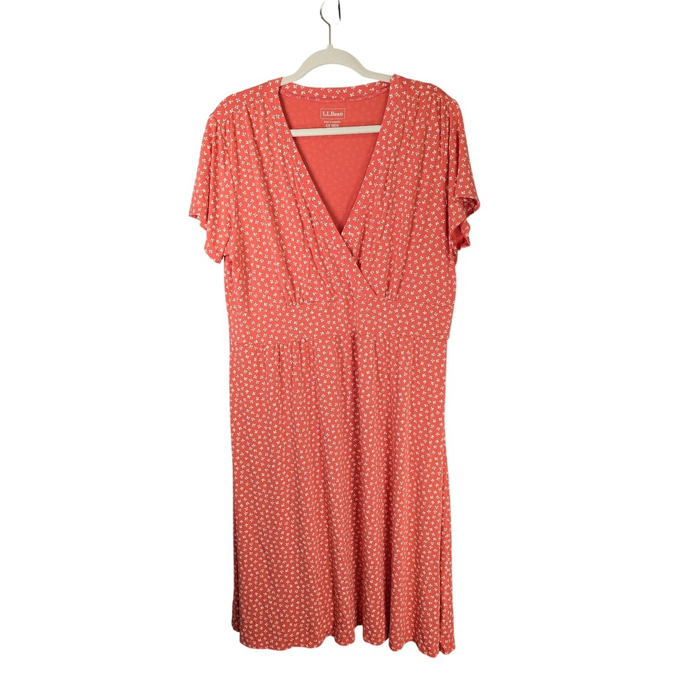 LL Bean Faux Wrap Dress Womens 1X Coral Knit Midi